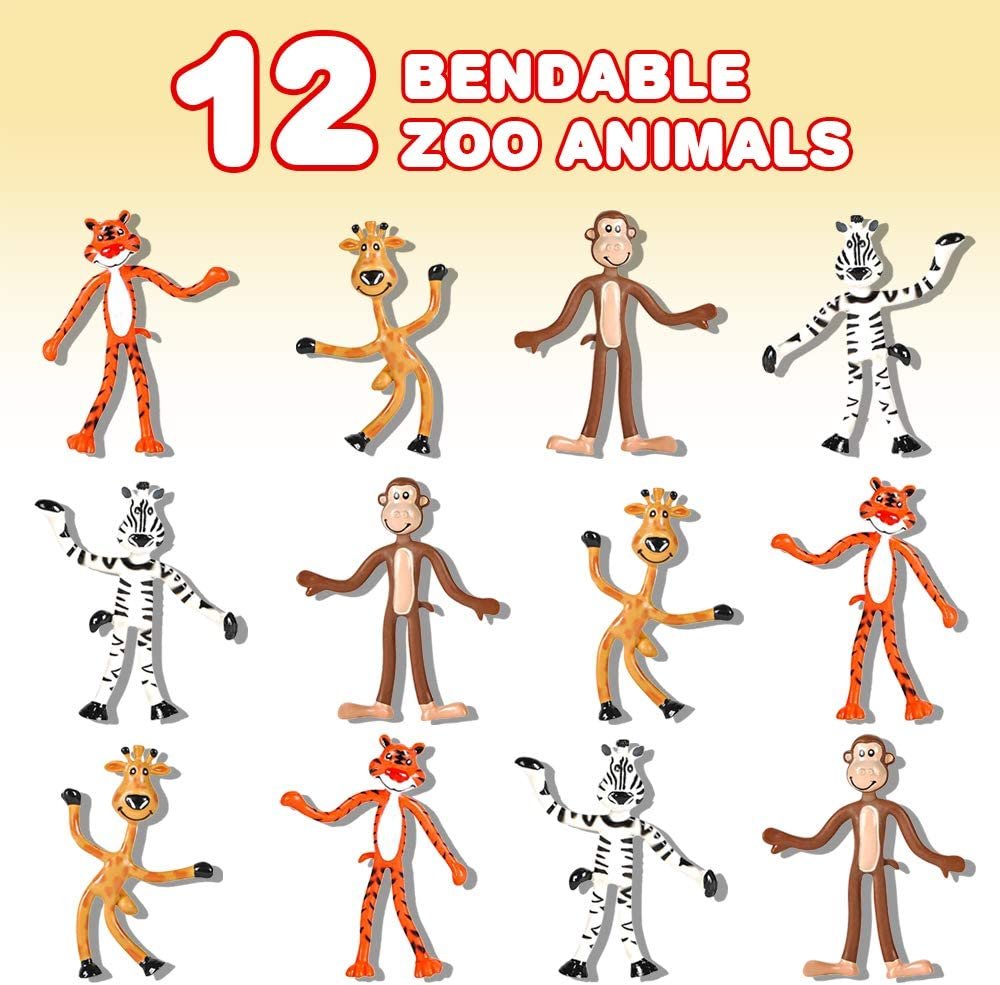 Bendable Zoo Animals, Set of 12 Flexible Animal Figures, Birthday Party Favors for Boys and Girls, Stress Relief Fidget Toys for Kids and Adults, Goody Bag Stuffers, Piñata Fillers