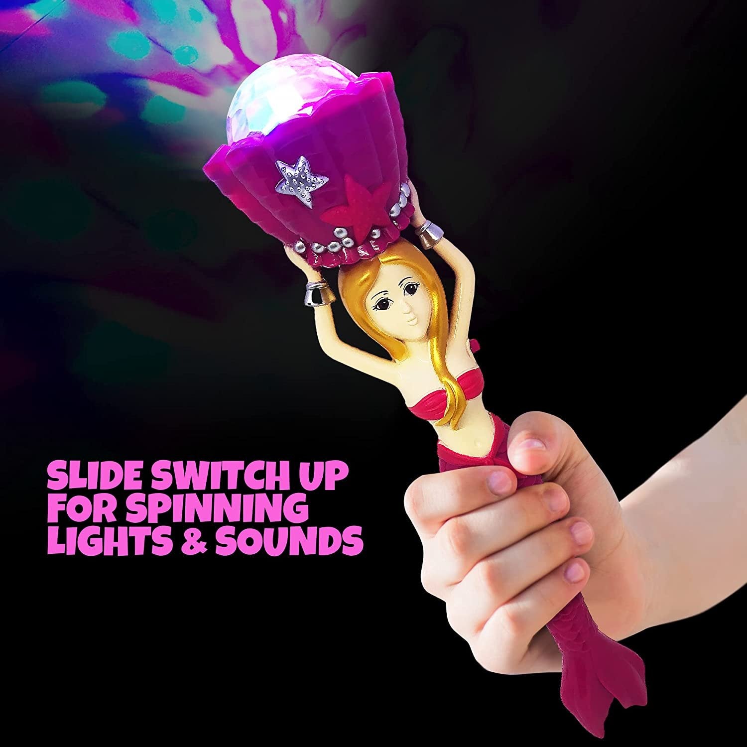 Light Up Mermaid Wand with Sounds, 11.75" Toy Wand with Spinning LEDs and Sound Effects, Batteries Included, Great Mermaid Gift Idea for Boys and Girls, Fun Birthday Party Favor