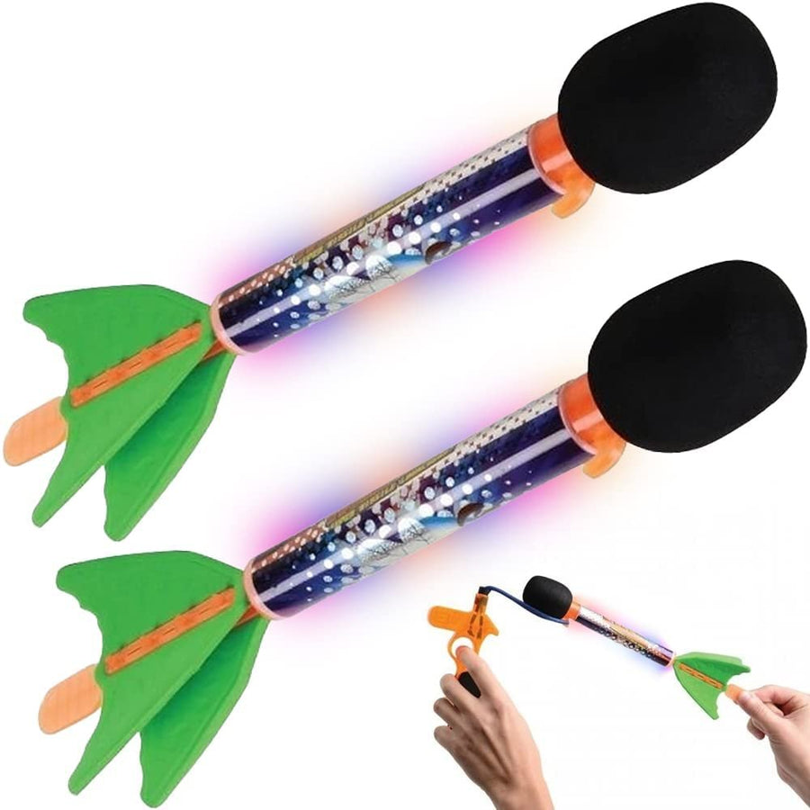 Light Up Sky Missiles for Kids, Set of 2, Flying Toys for Kids with Rubber Launcher, Lights and Whistling Sounds, Camping, Lawn and Backyard Toys, Outdoor Games for Boys and Girls