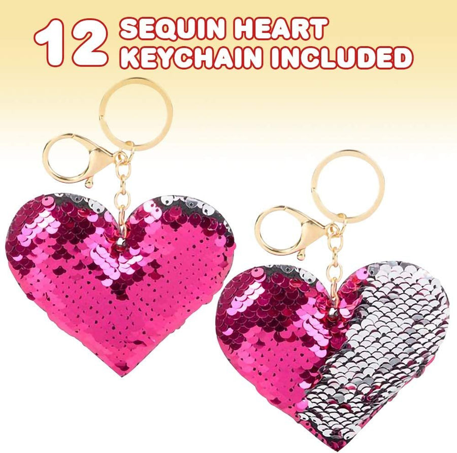 Flip Sequin Heart Keychain, Double-Sided Heart Shape Key Chain Charms for Backpacks or Purses - 12 Pack