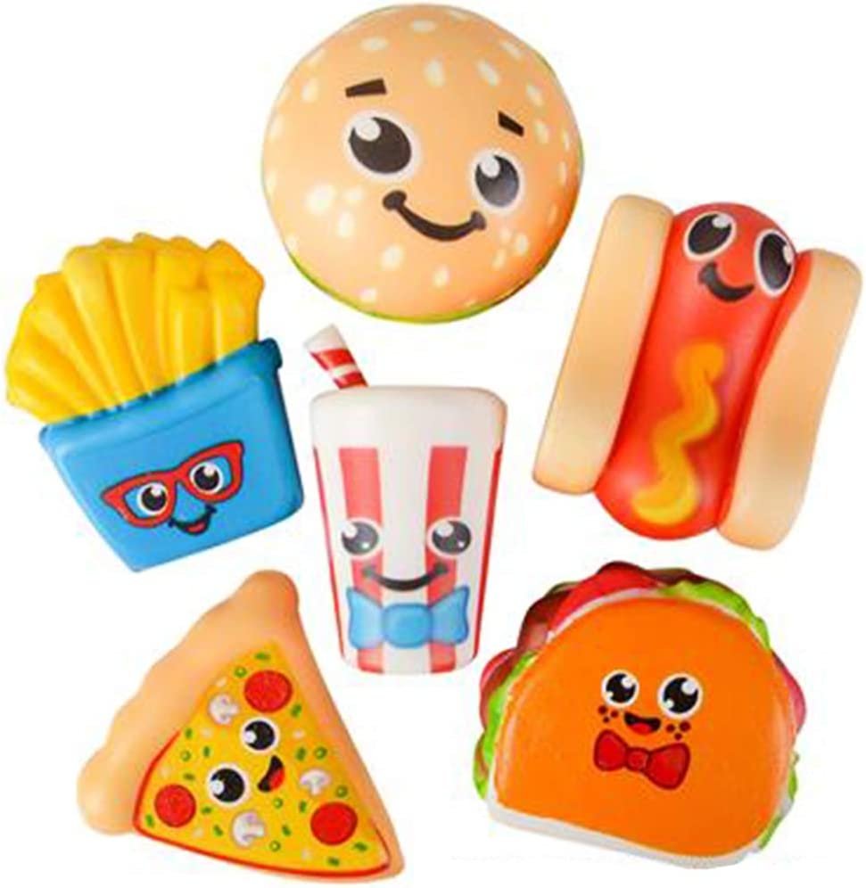 Fast Food Squeeze Toys for Kids, Set of 6, Super Soft Slow Rising Stress Relief Toys in 6 Cute Designs, Squeezable Birthday Party Favors and Goodie Bag Fillers