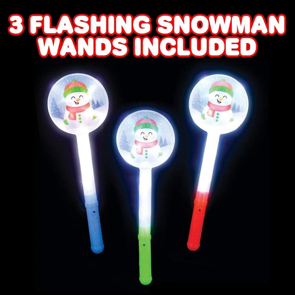 Light Up Snowman Wands, Set of 3, 14.5" Flashing LED Wands for Kids with Batteries Included, Thrilling Light Show, Fun Gift, Holiday Stocking Stuffers for Boys and Girls