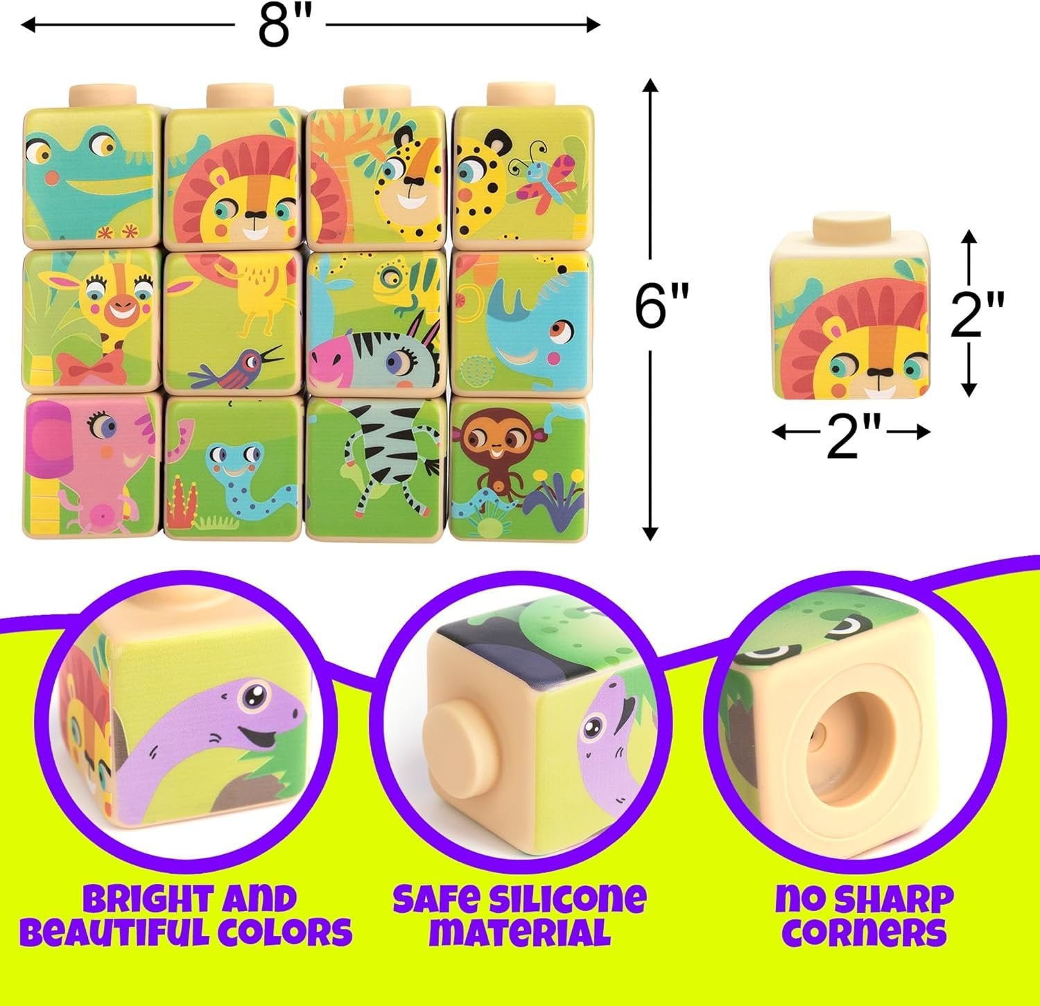 Silicone Picture Puzzle Blocks for Kids, 12 Stacking Blocks with Four Different Pictures Printed on The Sides, 2" Soft Toy Building Blocks for Toddlers