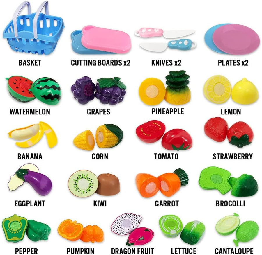 Pretend Play Food Set, Fake Vegetable Basket for Kids, Cutting Board, Knives, Plates, Assorted Plastic Food Toys, Colorful Kitchen Accessories Set for Kids, Chef Playset for Hours of Fun