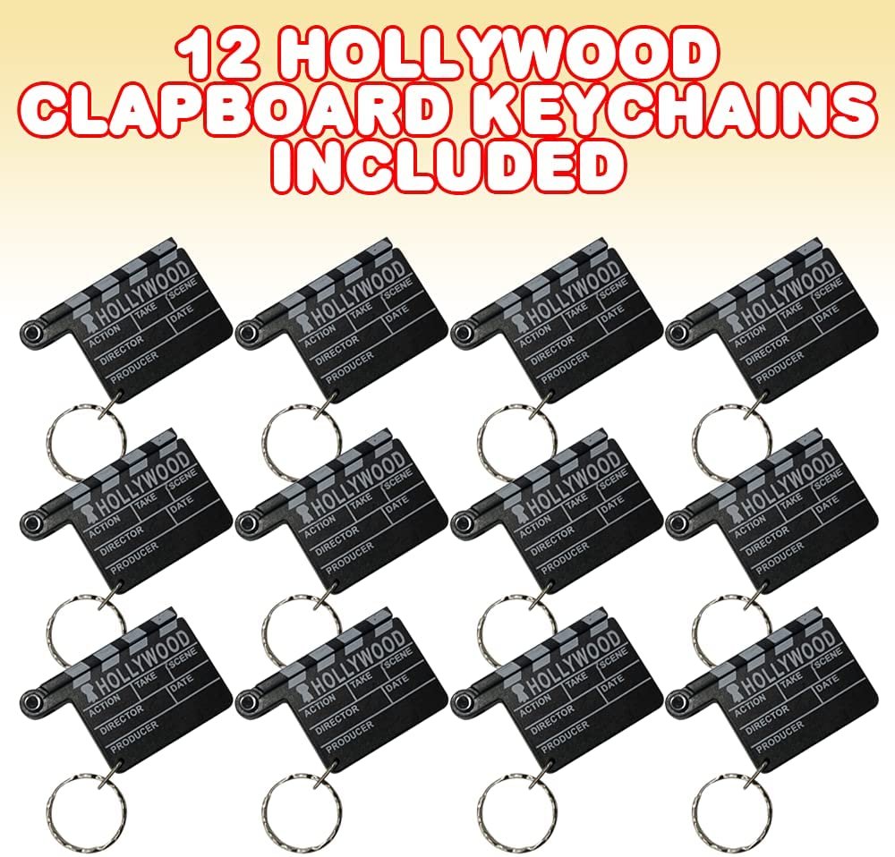 ArtCreativity Hollywood Clapboard Keychains, Set of 12, Lift Clapper to Reveal Magnifying Glass, Accessories for Keys, Backpack, or Pocket Book, Birthday Party Favors, Carnival Party Favors for Kids