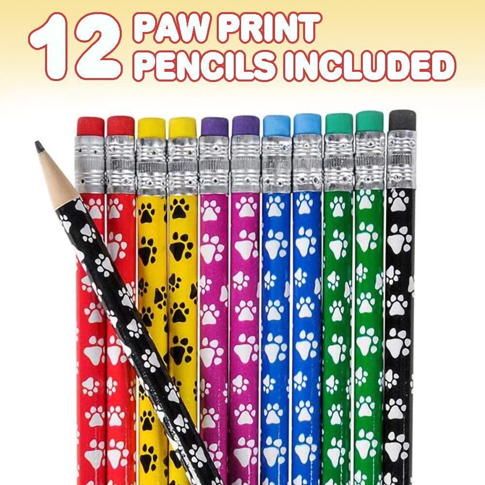 Paw Print Pencils for Kids - Set of 12 - Wooden Writing Pencils in Assorted Colors with Erasers, Animal Theme and Dog Birthday Party Favors, Teacher Supplies for Classroom