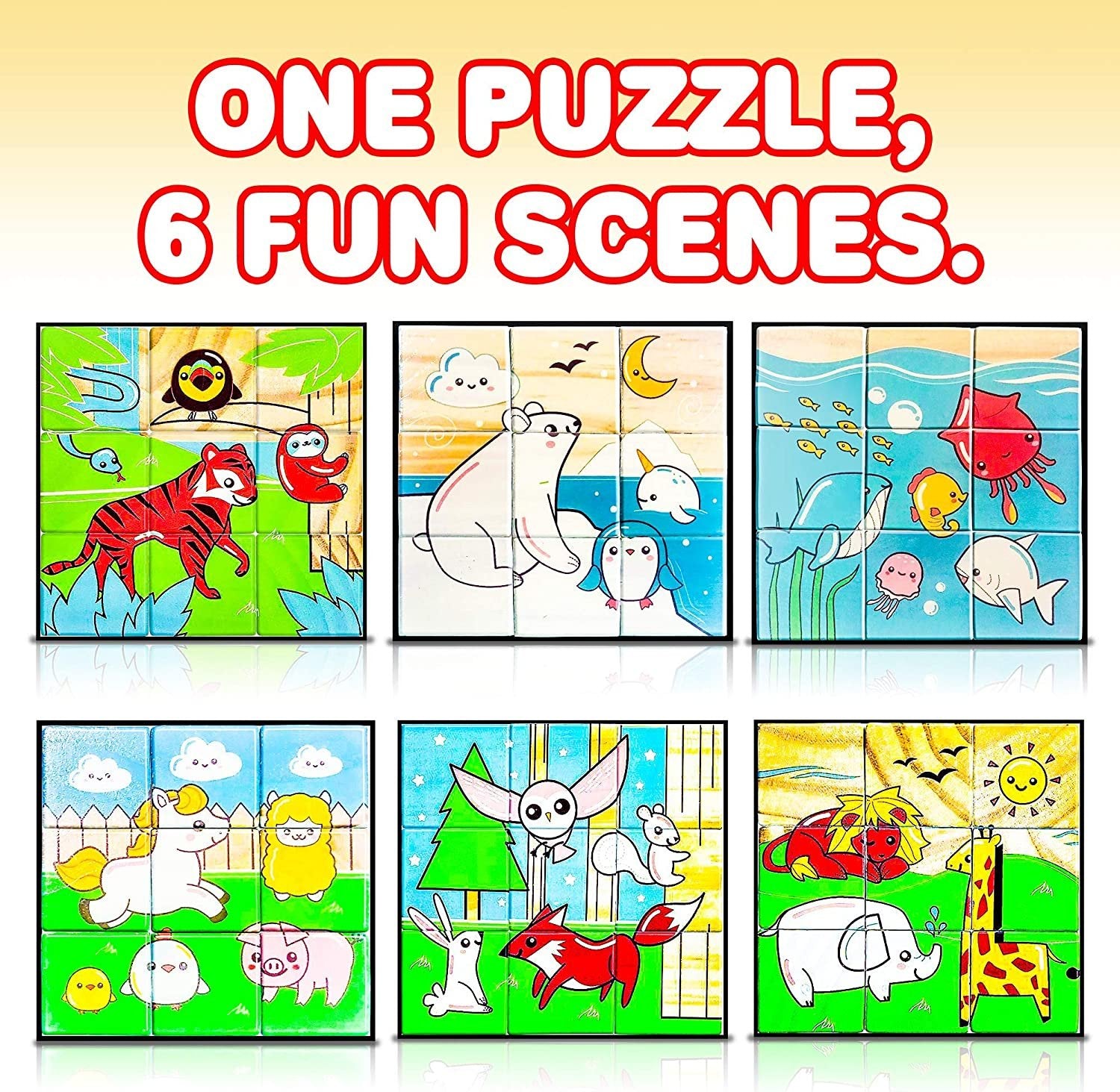 Gamie 6 in 1 Wooden Blocks Puzzle for Kids, Wood Animal Puzzle with 6 Nature Scenes, Fun Children’s Educational Learning Toy, Great Gift Idea for Boys and Girls
