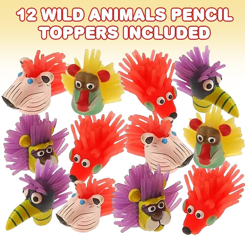 ArtCreativity Wild Animal Pencil Toppers, Set of 12, Animal Party Favors and Classroom Prizes for Kids, Great Back to School Gifts for Boys and Girls, Durable Animal Pencil Tops