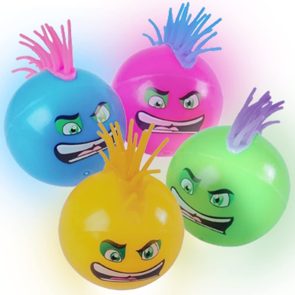 Flashing Mohawk Balls, Set of 4, Light Up Bouncy Balls for Kids with Faux Hair, LED Bouncing Balls in Assorted Colors, Light Up Party Favors, Pinata Stuffers, and Goodie Bag Fillers