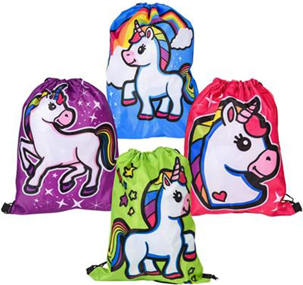 Unicorn Backpacks, Set of 4, Unicorn Bags for Kids with Drawstring Straps, Unicorn Birthday Party Favors for Boys and Girls, Princess Party Supplies, 4 Vibrant Colors