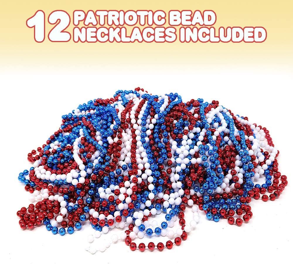 ArtCreativity Patriotic Beads Necklaces - Pack of 12 - Red, White, and Blue Beaded Necklaces for 4th of July, Independence Day, Memorial Day, Mardi Gras Beads Supplies, Favors for Kids and Adults
