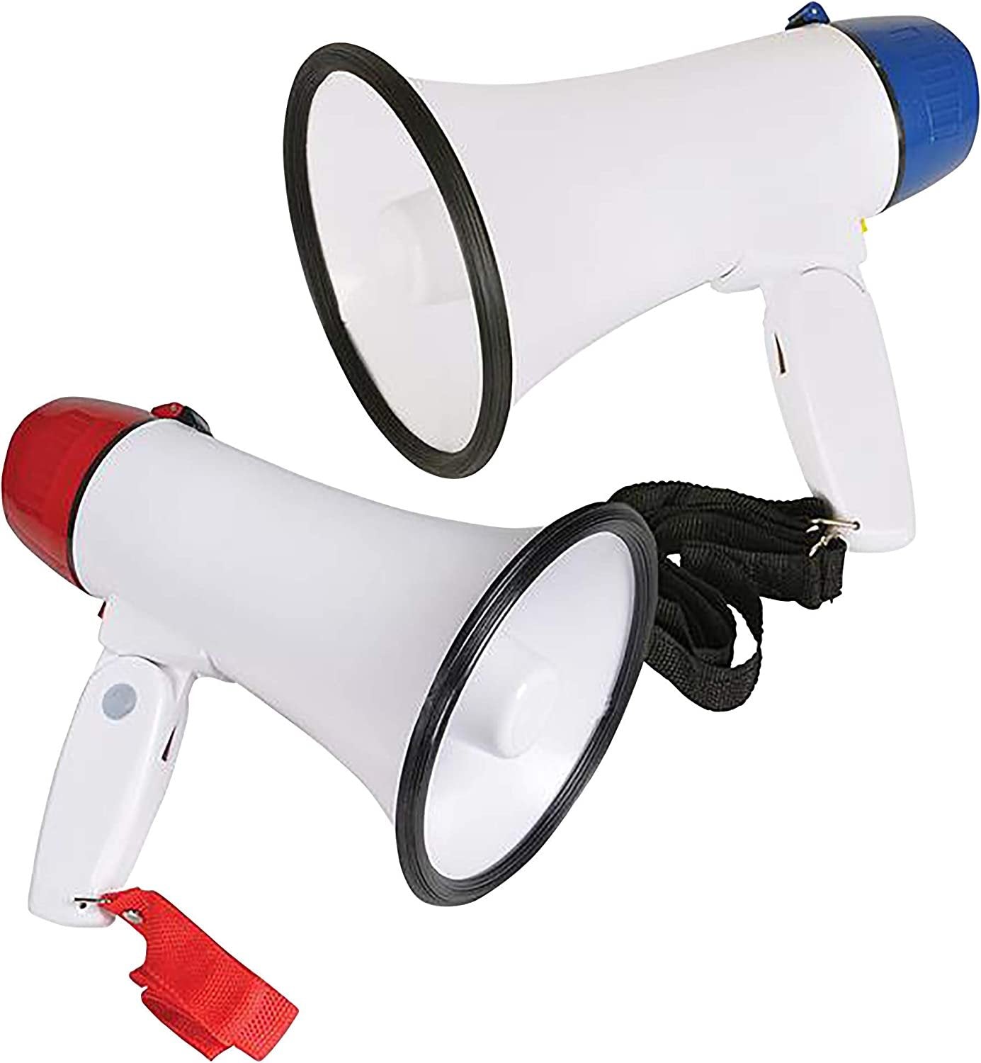 Battery-Operated Megaphone - Set of 2 - Portable Mega Phone Loud Speaker with Siren, Volume Control and Hanging Strap - Great Prize for Kids and Adults - Blue and Red