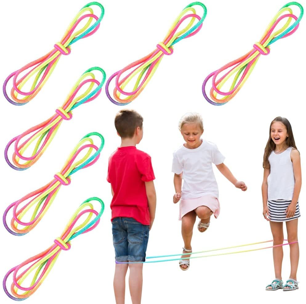 Chinese Jump Ropes, Set of 6, Elastic Playground Skipping Ropes for Kids, Outdoor Toys for Girls and Boys in Rainbow Colors, Great as Goodie Bag Stuffers and Birthday Party Favors