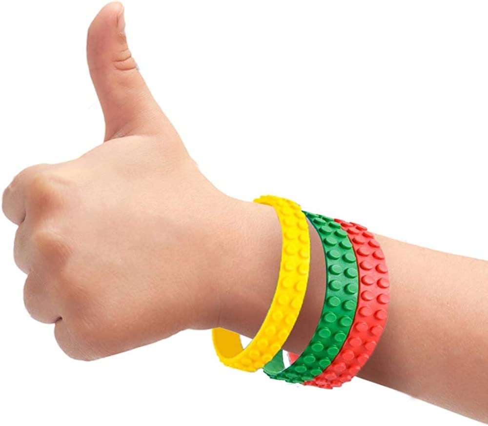 7.5" Building Block Bracelets for Kids - 12 Pack - Colorful Stretchy Rubber Wristbands for Boys and Girls - Fun Birthday Party Favors for Children, Goodie Bag Fillers, Carnival Prize
