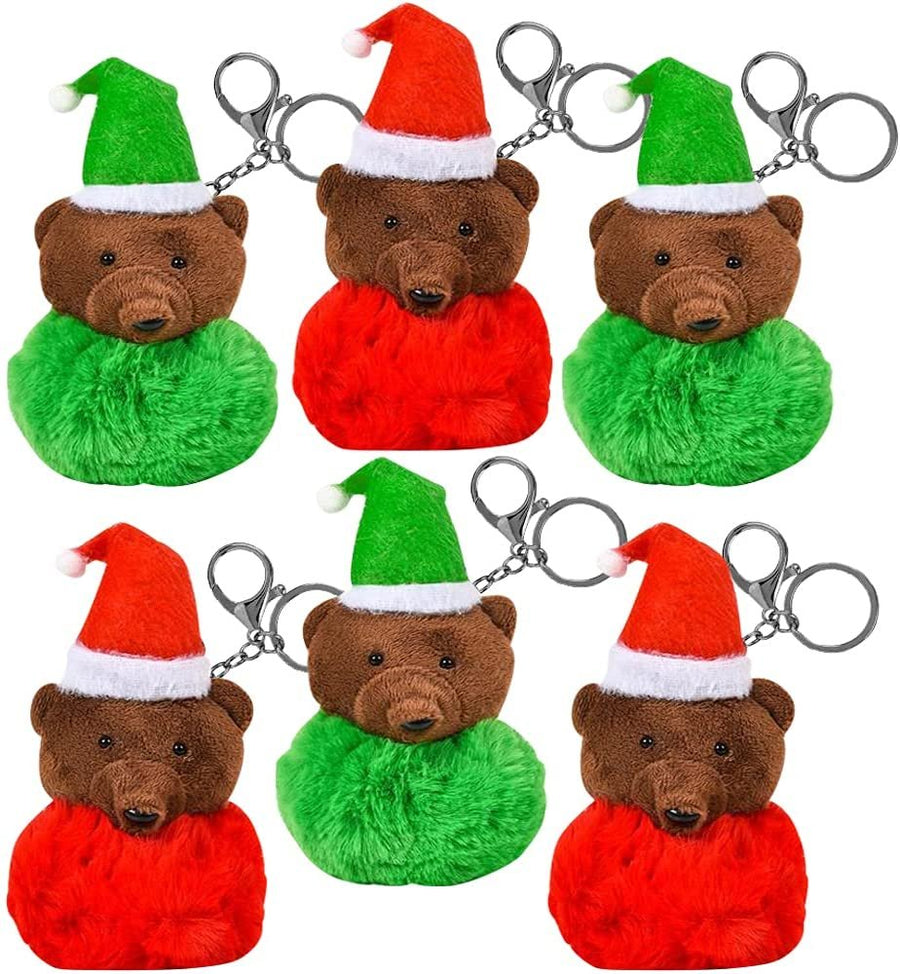 4” Plush Christmas Ornaments, Set of 6 Stuffed Ornaments, Holiday Bear Pompom Keychains with Lobster Claw Styled Hook, Christmas Party Favors, Stocking Stuffers for Kids