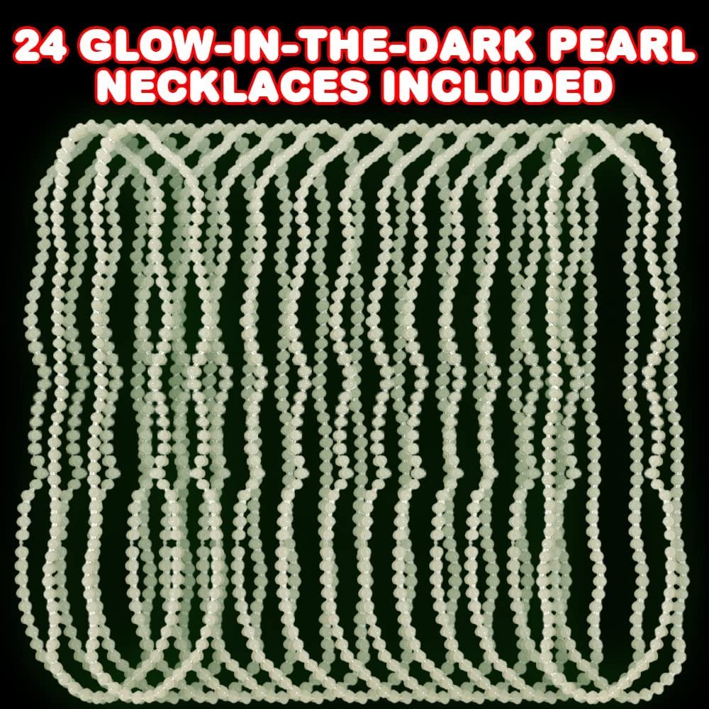 Glowing Pearl Necklaces, Set of 24, Glow in the Dark Necklaces in 4 Fun Designs, Glow in the Dark Party Supplies for Kids, Glow in the Dark Toys for Low-Light Play