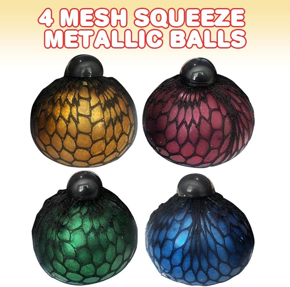 ArtCreativity Mesh Squeeze Metallic Balls for Kids, Set of 4, Squeeze Toys in Assorted Colors for Anxiety Relief & ADHD - Birthday Party Favors, Goodie Bag Fillers, Treasure Box Prizes for Classroom