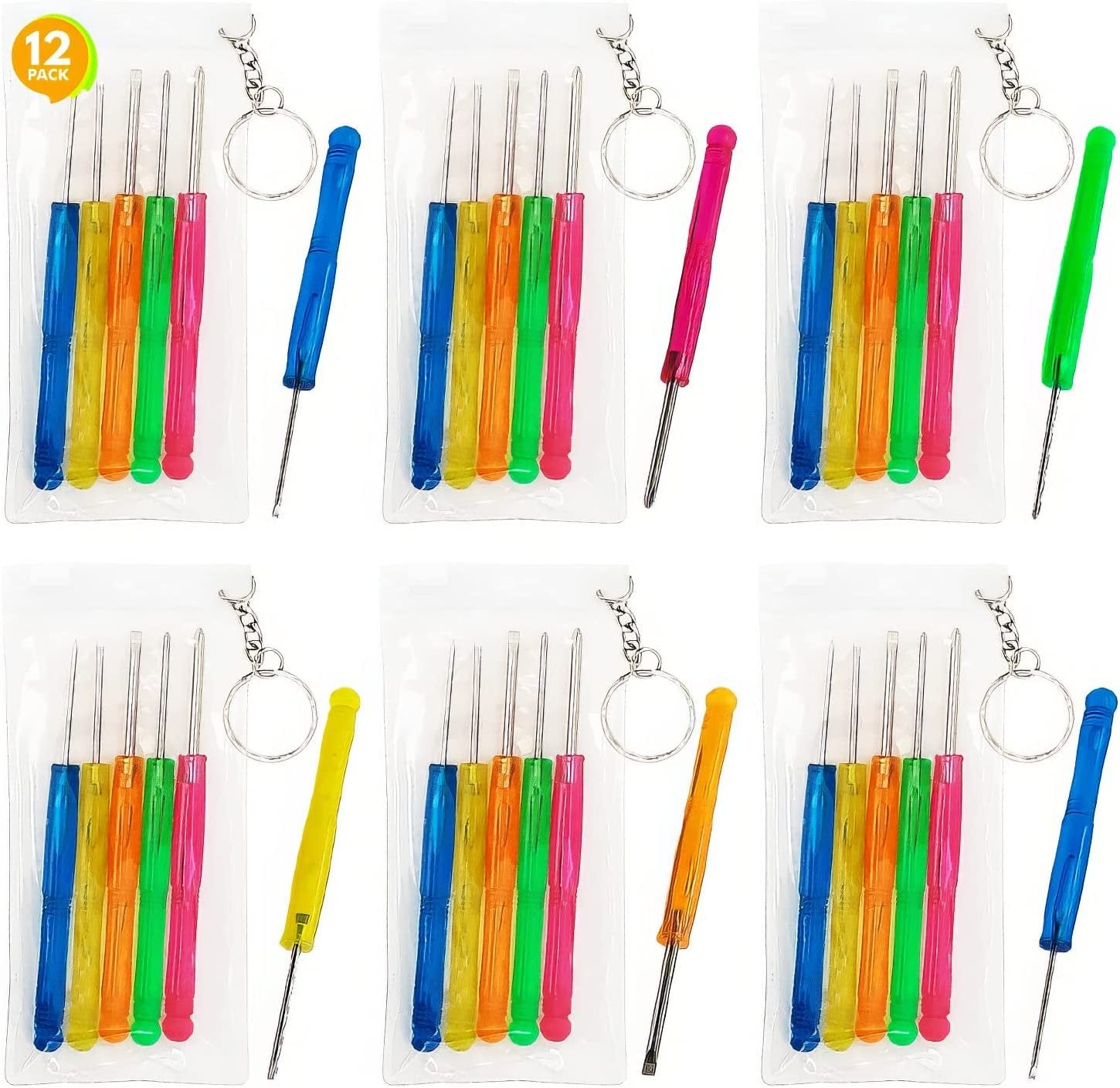 5 PC Mini Screwdriver Keychain Set, Pack of 12, Set Includes 5 Screw Drivers and Portable Pouch, Cool Birthday Party Favors for Boys, Girls, Adults, Goodie Bag Filler
