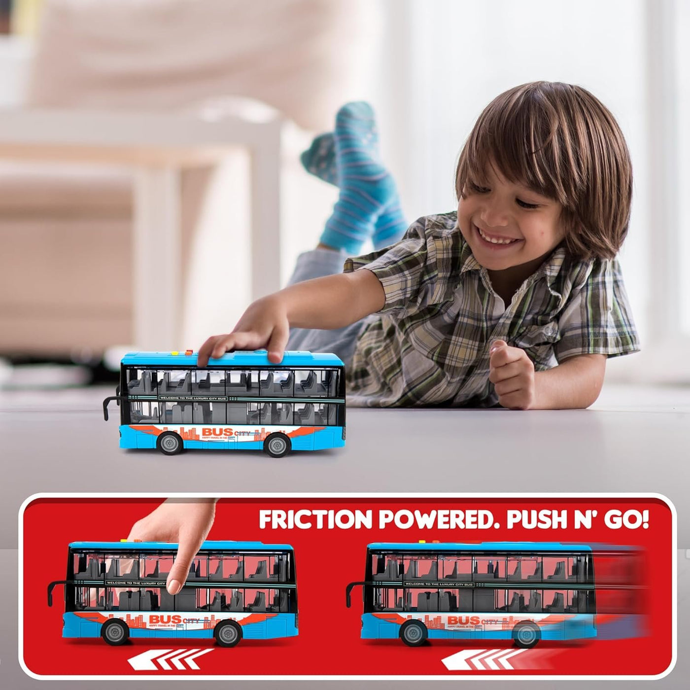 Die Cast Double Decker Bus Toy with Lights & Sounds - Friction Powered Bus Toy for Kids with Indoor Ceiling Lights and 4 Different Sounds - Doors Open - Gift for Kids Ages 3-8