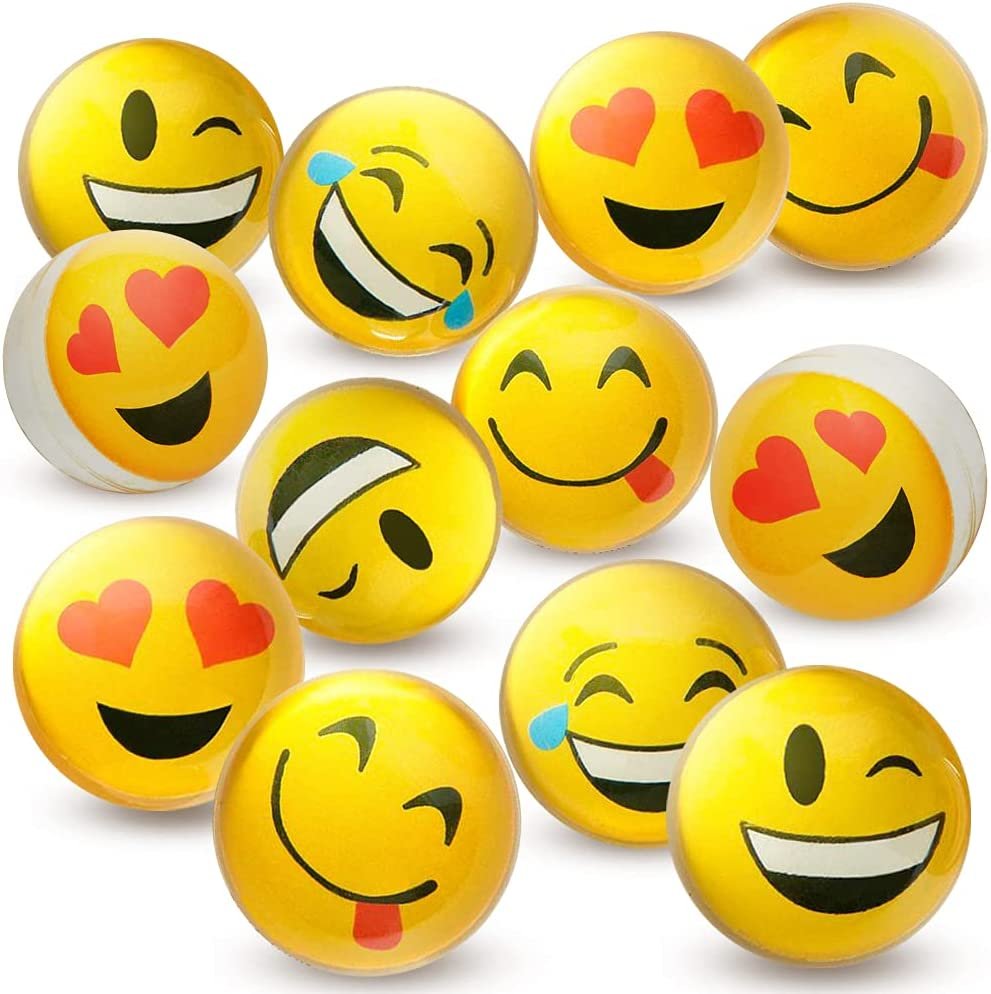 Emoticon Bouncy Balls for Kids, Set of 12, Bouncing Balls in Assorted Emoticon Designs, Extra-High Bounce, Emoticon Birthday Party Favors, Piñata and Goodie Bag Fillers