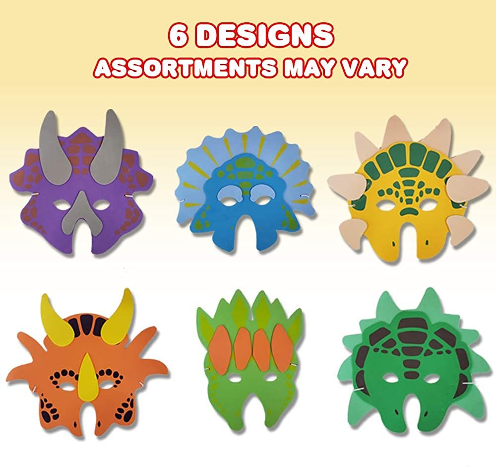 Foam Dinosaur Masks for Kids - Pack of 12 - Assorted Vibrant Dino Designs - Dinosaur Birthday Party Supplies and Favors, Teacher Rewards and Classroom Incentives