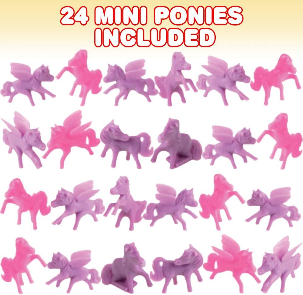 Mini Pony Toys for Kids, Set of 24, Miniature Toy Pegasus Ponies for Girls and Boys, Cute Cupcake Toppers, Princess Party Favors and Goodie Bag Fillers, 5 Assorted Designs