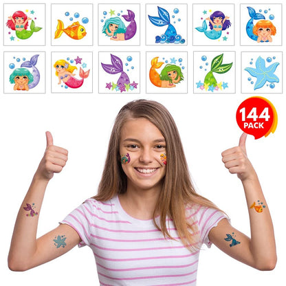 ArtCreativity Mermaid Temporary Tattoos for Kids - Bulk Pack of 144 Tattoos in Assorted Mermaid Designs, Non-Toxic 2 Inch Tats, Birthday Party Favors, Goodie Bag Fillers, Non-Candy Halloween Treats