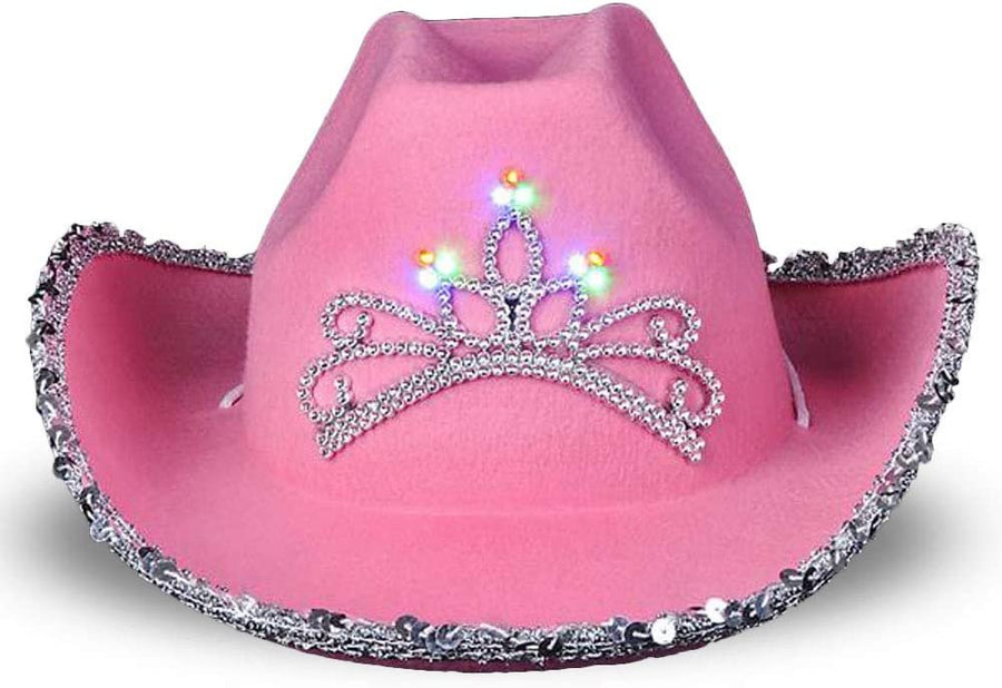 Light-Up Pink Cowboy Hat for Girls - Sparkly Cowgirl Hat with Sequins and a Dazzling LED Tiara - Cute Cowgirl Birthday Party Hat for Girls - Fun Shiny Cowgirl Costume Accessory