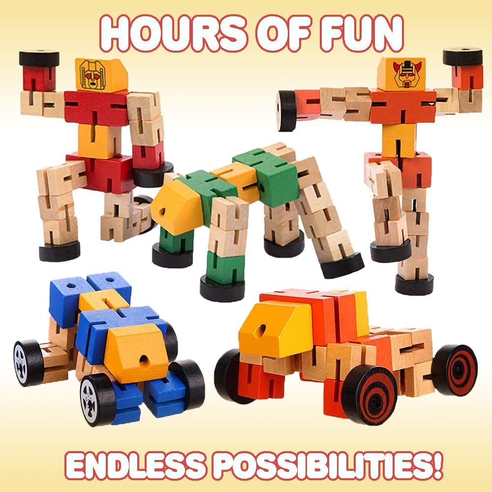 Wooden Toy Robots - 3 Pack - Adorable Action Figures, Toy Cars in Assorted Colors for Boys and Girls - Develop Cognitive and Motor Skills - Fun Gift and Birthday Party Favors for Kids