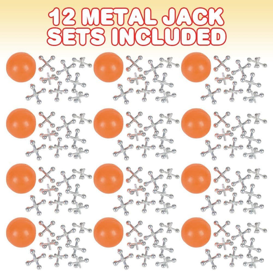 Metal Jacks Game, 12 Sets, Each Set with 8 Metal Jacks and 1 Rubber Ball, Vintage Toys for Kids, Sensory Toys for Autistic Children, Birthday Party Favors for Boys and Girls