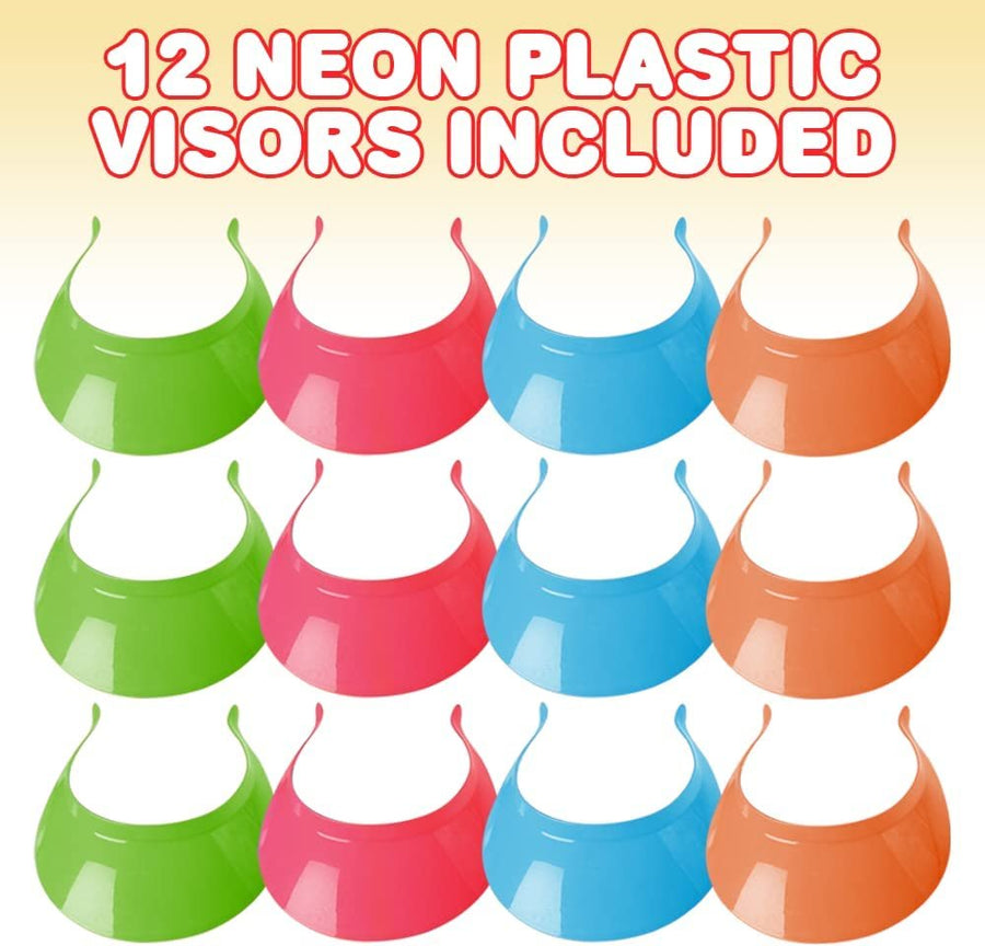 Neon Plastic Visors, Set of 12, Sun Visors for Kids and Adults in Assorted Neon Colors, Sun Protection Hats with a Universal Fit, Outdoor Party Favors, and Retro Costume Accessories