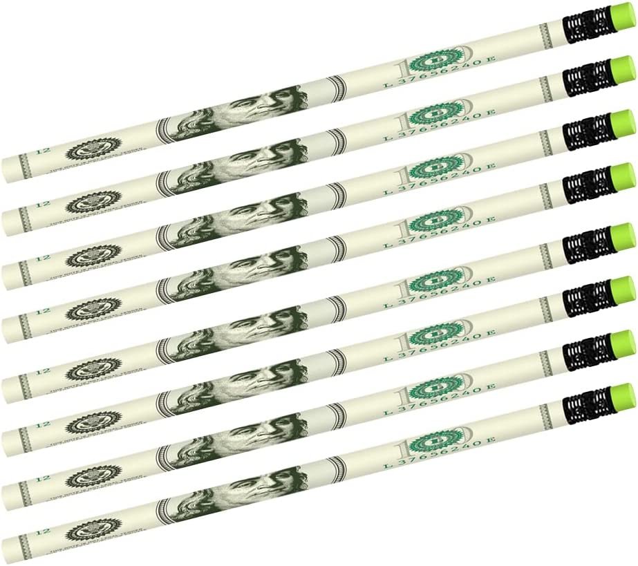 $100 Bill Pencils, Set of 24, Cool Writing Pencils with Erasers, Birthday Party Favors, Party Goody Bag Fillers, Teacher Supplies for Classroom