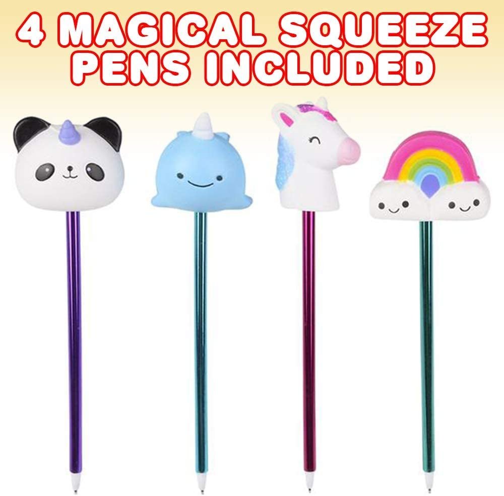Squeeze Magical Pens, Set of 4, Cute Pens for Kids and Adults with Squeeze Toy on Top, Stress Relief Fidget Pens, Fun Stationery Party Favors for Boys and Girls, Assorted Designs