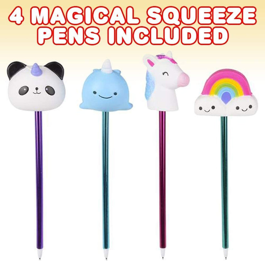 Squeeze Magical Pens, Set of 4, Cute Pens for Kids and Adults with Squeeze Toy on Top, Stress Relief Fidget Pens, Fun Stationery Party Favors for Boys and Girls, Assorted Designs