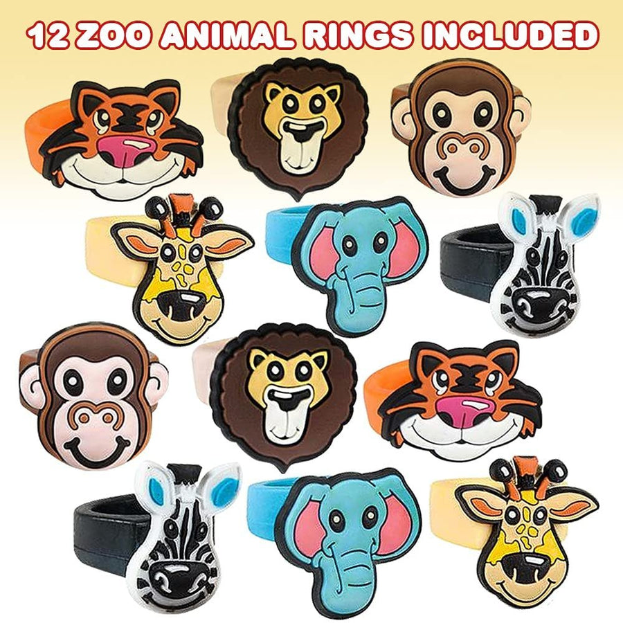 Zoo Animal Rubber Rings for Kids, Pack of 12, Adorable Kids Jewelry for Little Girls and Boys, Fun Assorted Colors, Skin-Safe Silicon, Zoo Party Favors, Goodie Bag Fillers