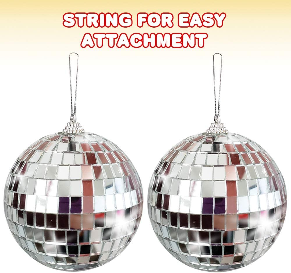 ArtCreativity 4 Inch Mirror Disco Ball, Set of 2, Silver Disco Balls with Hanging String for Parties, Birthdays, & Weddings, 90’s Disco Party Decorations and Supplies, Ceiling Décor Disco Accessories