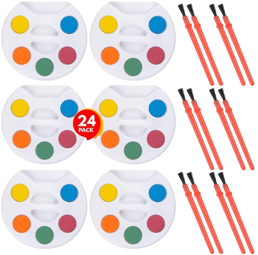 Mini Watercolor Kids Paint Set - Bulk Pack of 24 - 5 Water Color Paints, Palette Tray and Painting Brush, for Art Party Favors, Kids Prizes, Stock