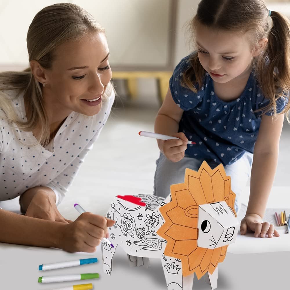 Construct Your Own Lion Art Project, DIY Art Kit for Kids with 6 Markers, Doodle Construct Lion for Boys and Girls, Engaging Arts and Crafts for Kids