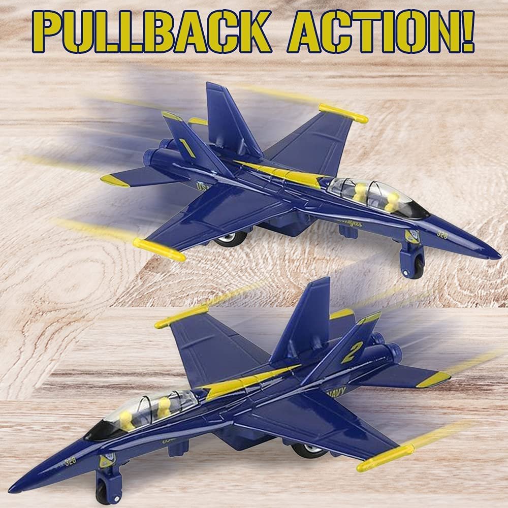 Jumbo Diecast F-18 Blue Angel Jets with Pullback Mechanism, Set of 2, Diecast Metal Jet Plane Fighter Toys for Boys, Air Force Military Cake Decorations, Aviation Party Favors