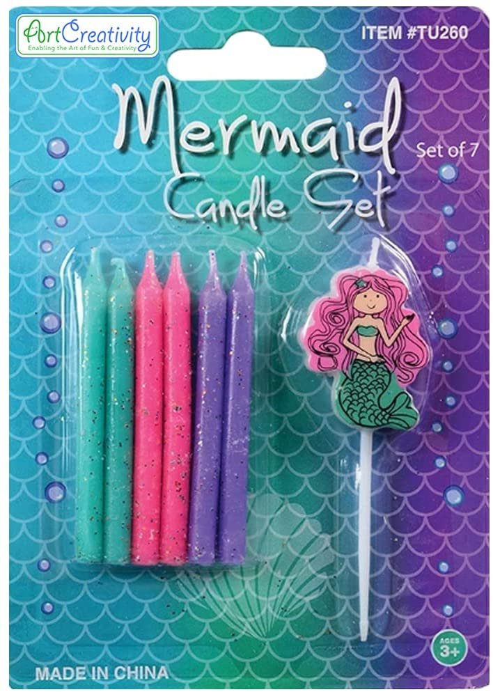 ArtCreativity Mermaid Pick Candles, Set of 7, Mermaid Themed Birthday Cake Candles, Birthday Party Supplies and Decorations, Cake Topper, Cupcake Topper
