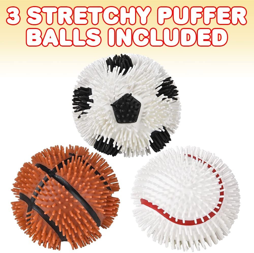 Squishy Sports Puffer Stress Balls, Set of 3, Stress Relief Fidget Sensory Toys for Autistic Children and Anxiety, Sports Party Favors in Baseball, Basketball, and Soccer Ball Designs