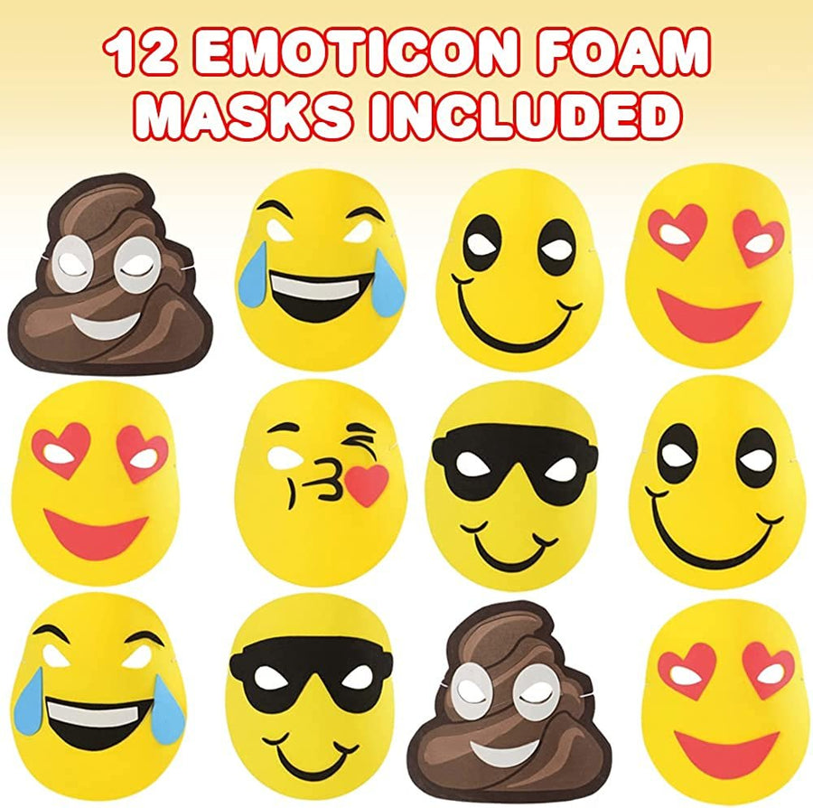 Emoticon Foam Masks for Kids, Set of 12, Assorted Vibrant Emoticon Designs, Emoticon Birthday Party Supplies and Favors, Teacher Rewards and Classroom Incentives