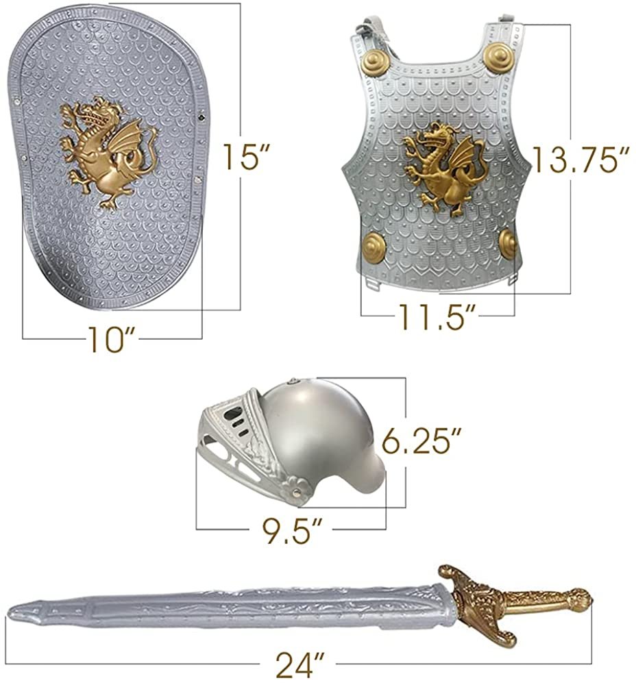 ArtCreativity Knight Set for Kids, Knight Costume for Kids with Sword, Vest, Helmet, and Shield, Halloween Costume for Boys and Girls, Medieval Pretend Play Toys for Children, Gold and Silver