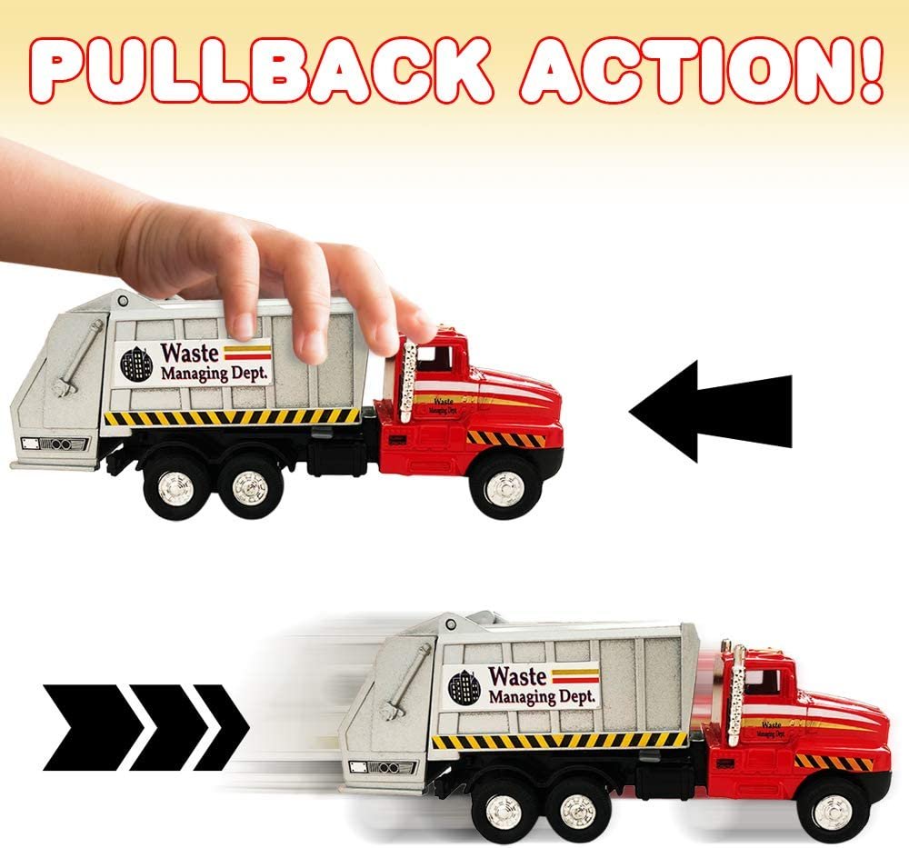 Diecast Garbage Toy Trucks with Pullback Mechanism, Set of 2, Diecast Metal Pull Back Truck Toys for Boys and Girls, Opening and Closing Back, Best Birthday Gift
