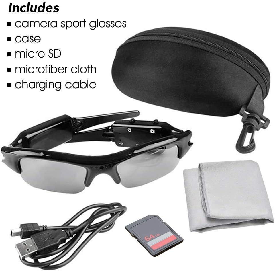HD Camera Glasses, 1PC, Video and Audio Recording Camera Sport Sunglasses with Case, 8GB Memory Card, Microfiber Cloth, and Charging Cable, Cool Tech Gifts for Kids and Adults