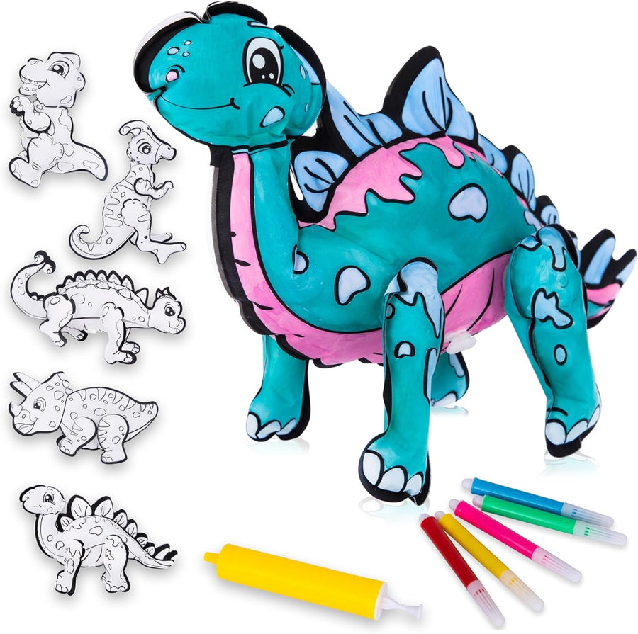 Kids Inflatable Dinosaur Coloring Kit - 16 Piece Set - 5 Dinosaur Inflates, 1 Pump, and 10 Markers - Dinosaur Arts and Crafts for Kids Ages 4-8 - Dinosaur Birthday Party Decorations
