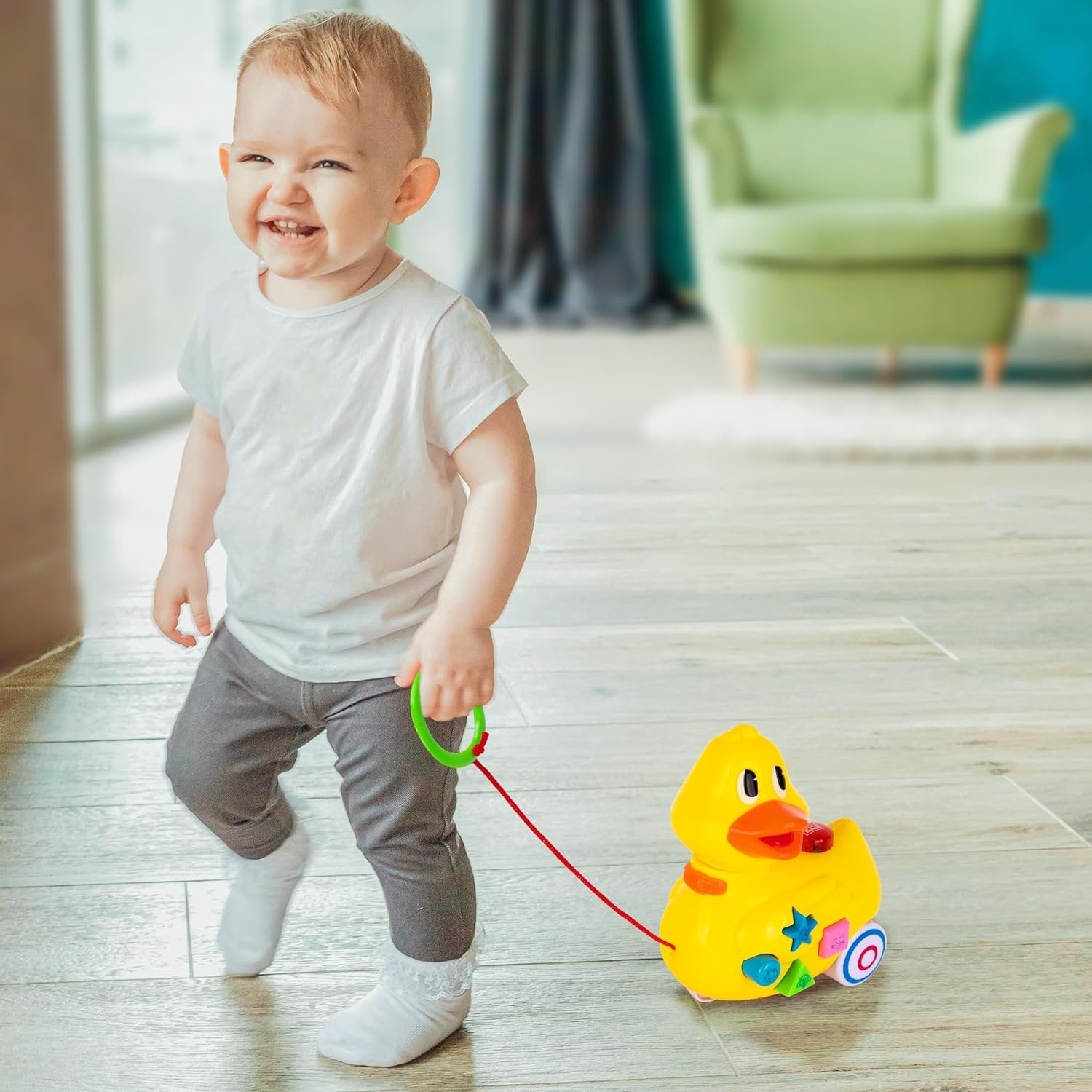 Musical Walking Duck Pull Toy - Yellow Duck Toy for Kids - Toddler Pull Toy Duck with Lights, Animal Sounds, and Music - Helps Teach Colors, Sounds, and Shapes - Gift for Kids 3 and Up