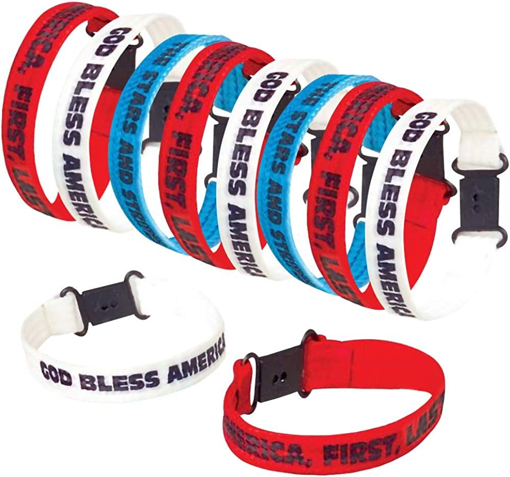 Patriotic Bracelet Assortment, Pack of 12, Red, White, and Blue Wristbands with Patriotic Sayings, 4th of July Party Favors, Cotton Wrist Bands with Plastic Clasp Closure