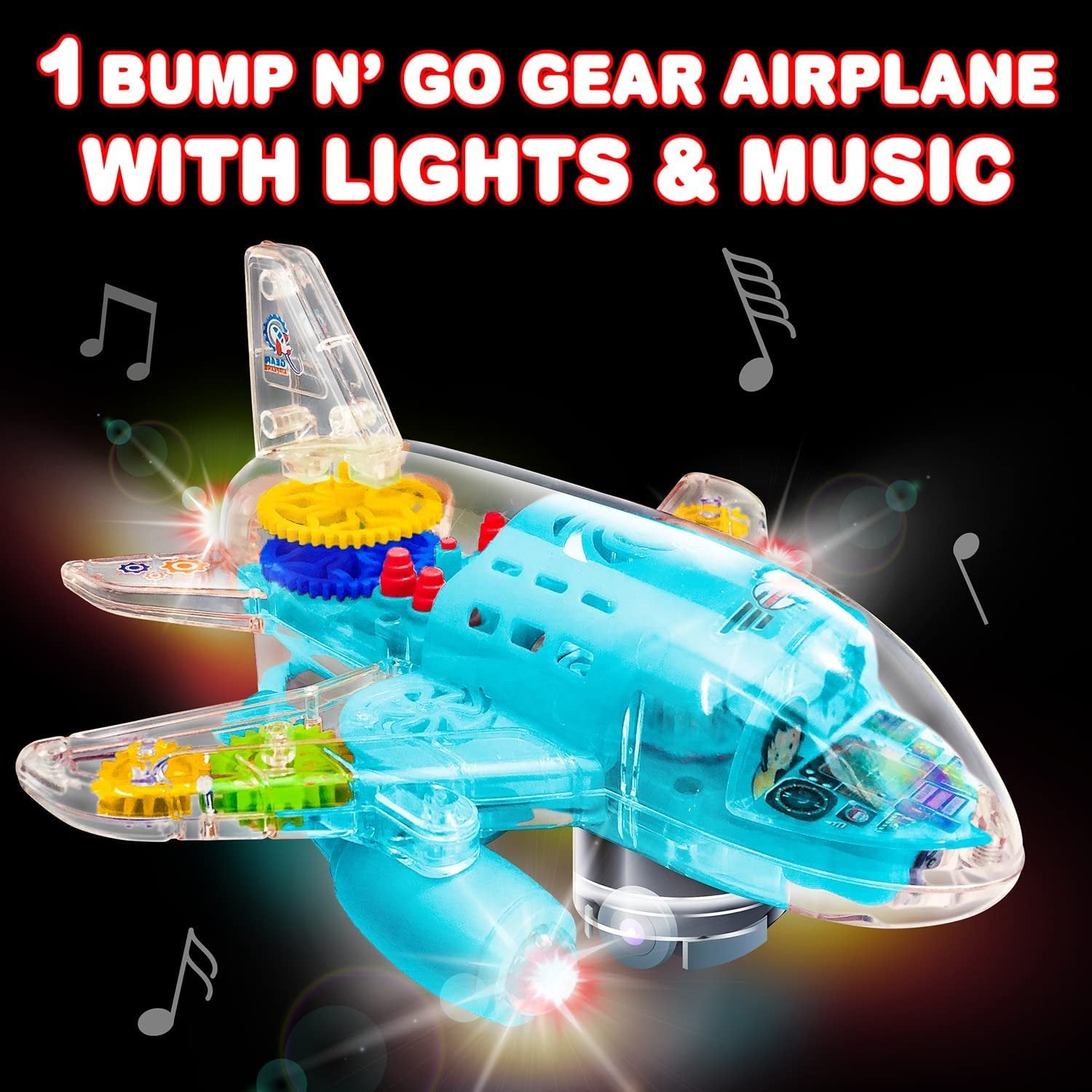 Light Up Transparent Airplane Toy for Kids, 1PC, Bump and Go Kids Airplane with Colorful Moving Gears, Music, and LED Effects, Toy Airplane For Toddlers 1-3, Fun Toddler Boy Toys Ages 3+