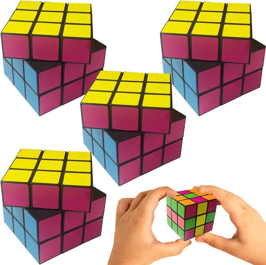 Neon Puzzle Cubes, Set of 4, 3D Puzzles for Kids with Vibrant Colors, Brain Teaser Puzzles and Travel Toys for Kids, 80s Party Favors for Adults, Colorful Retro Party Decorations